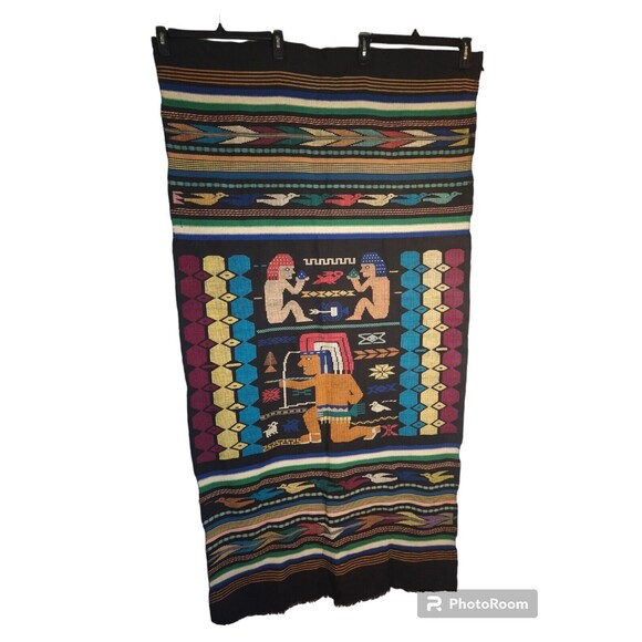 Southwest Aztec Mayan Wall Weave Rug Handwoven In Guatemala Native Warrior Man - Picture 1 of 5